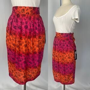 Vintage Midi Skirt Size Large Pink Orange Ombre Floral Pencil Pleated 80s 90s
